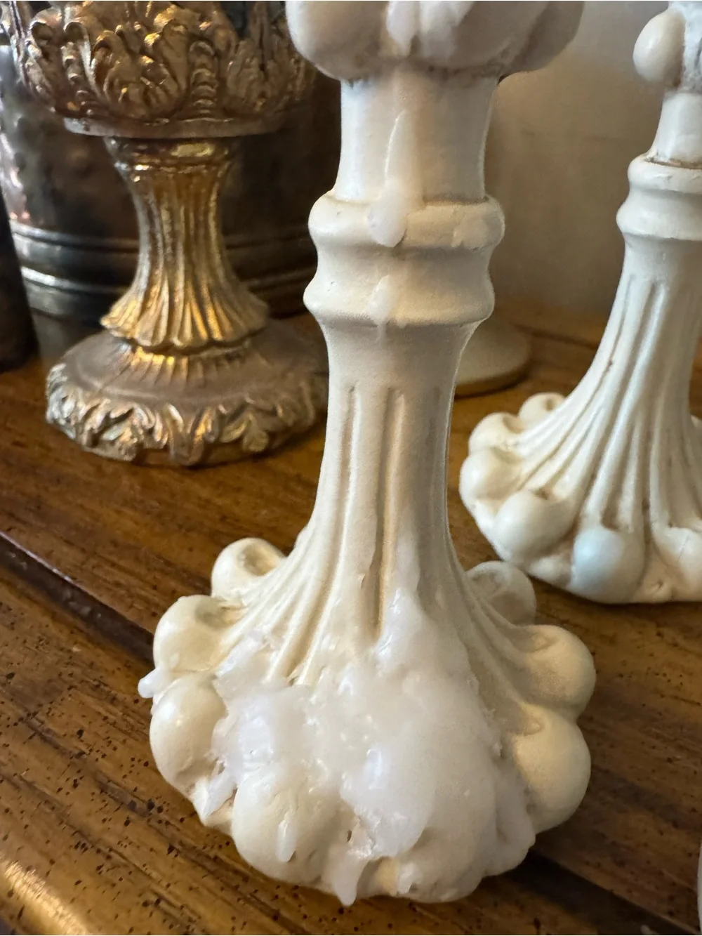5 Shabby Chic Cream Resin Candlestick Holders French Country Set 1990s Vignette